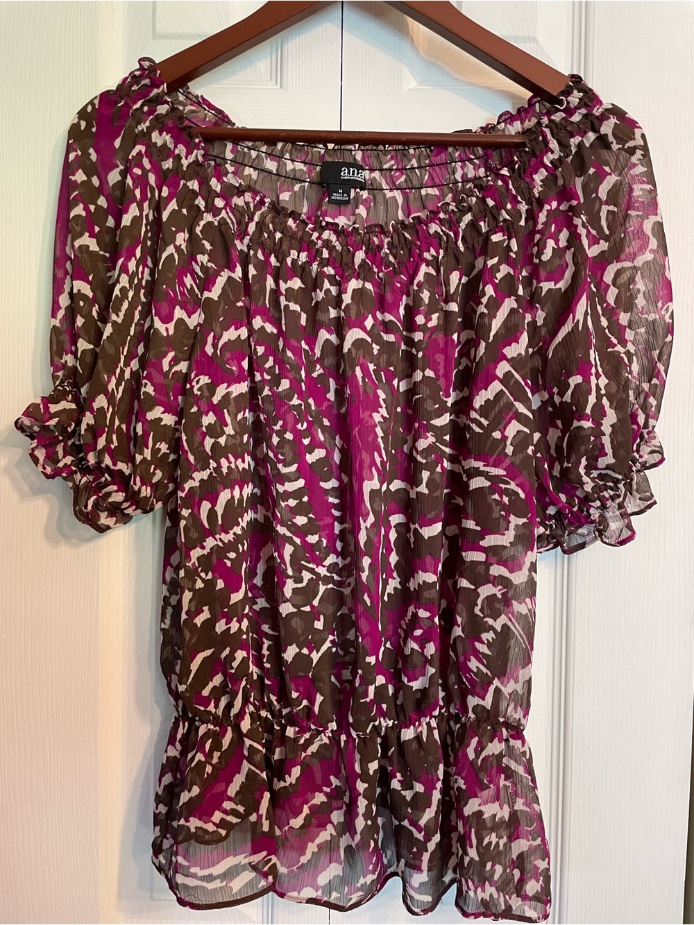 a.n.a Purple & Brown Printed Off-the-Shoulder Peasant Blouse